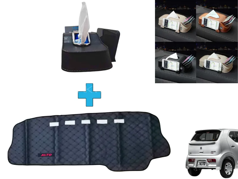 Suzuki Alto 7D Vinyle Dashboard Mat with ABS Tissue Box with Mobile Holder - Black
