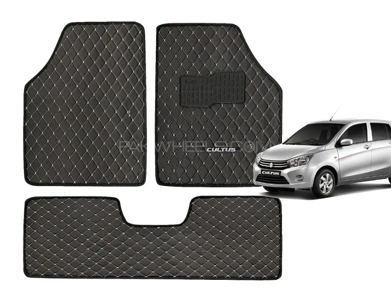 Suzuki Cultus New 7D Echo Vinyl Floor Mat Set | Cross Stitched | Luxury | 3pcs Set - Black + Beige  Image-1
