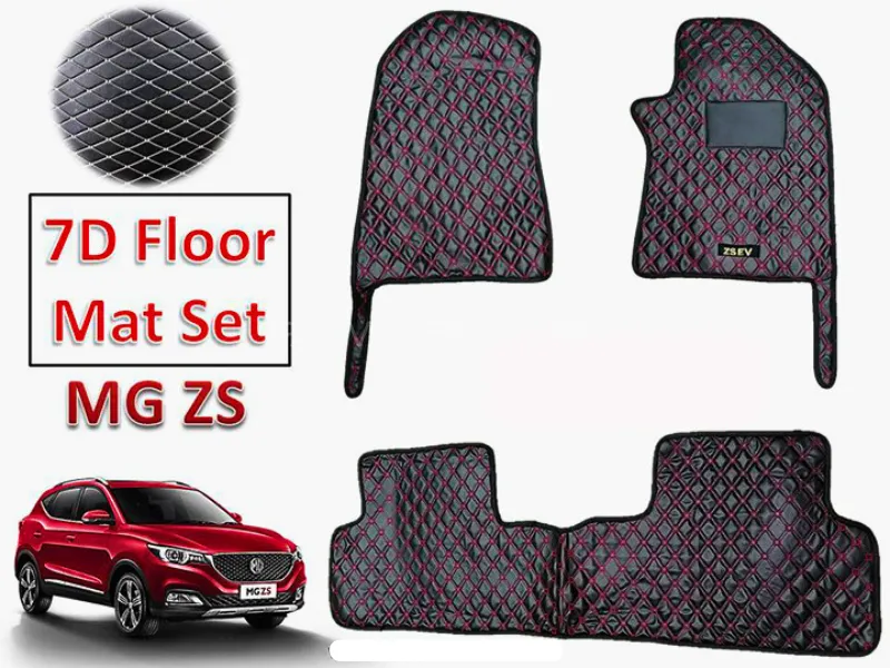 MG ZS 7D Echo Vinyle Floor Mat Set of 3pcs in Black with Red Cross Stitched | Floor Mats 3Pcs | 1Set